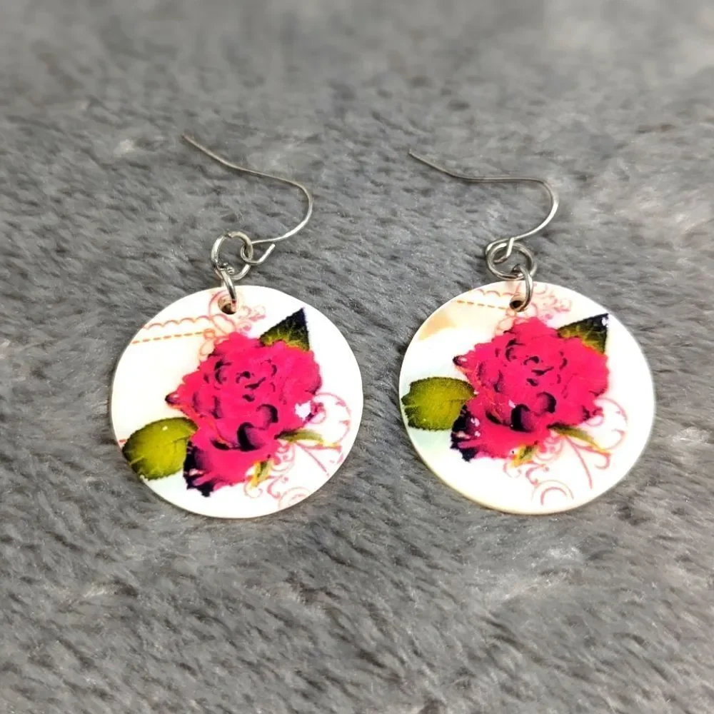 Vintage Mother of Pearl Disc Pierced  Earrings w/ Red Rose Motif - Picture 8 of 8